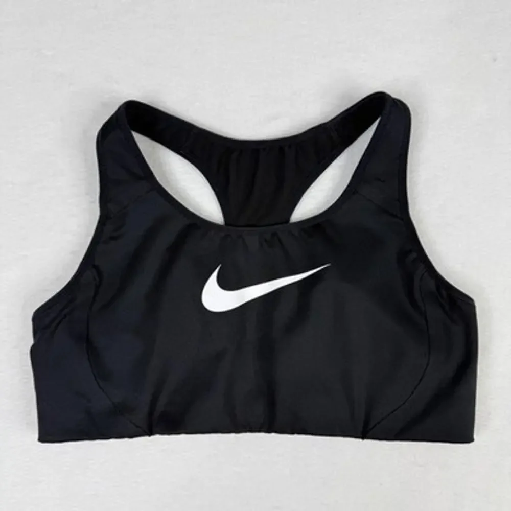 Nike Sports Bra Swoosh Logo L Black Racerback Stretch Pullover Athletic Logo